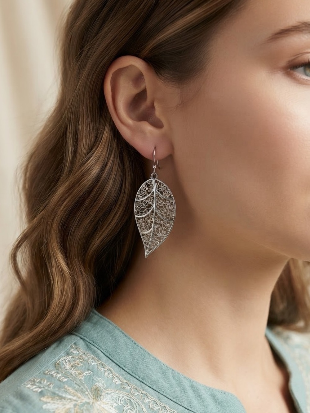 Silver Tone Filigree Leaf Dangle Earrings | Boho Nature Statement Earrings